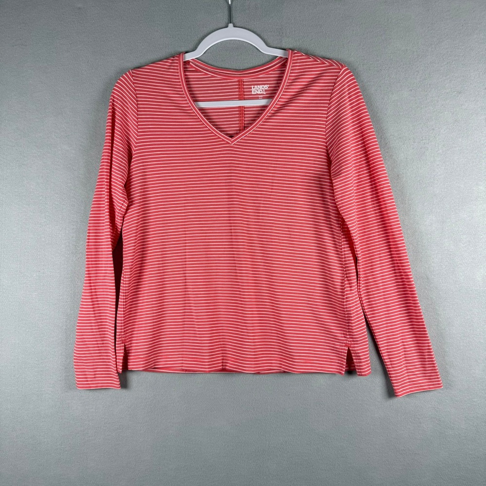 Lands End Womens XXS Top Coral White Striped V-Neck Long Sleeve Nautical Preppy